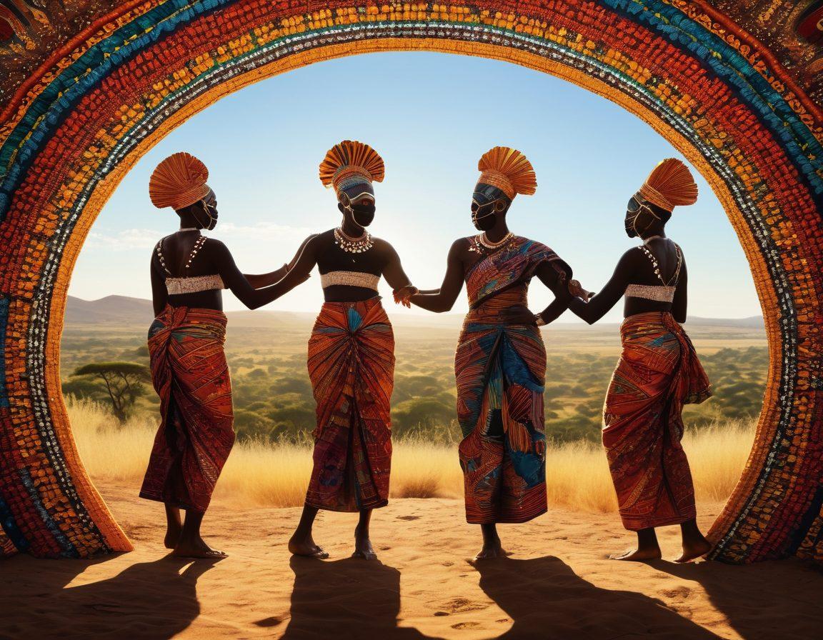A colorful montage of traditional African fabrics, intricate beadwork, and vibrant masks, all woven together to symbolize the cultural diversity and rich heritage of African artistry. Include silhouettes of people dancing in traditional attire, framed by lush landscapes of Africa. The background features warm sunlit tones that evoke a sense of identity and connection. super-realistic. vibrant colors.