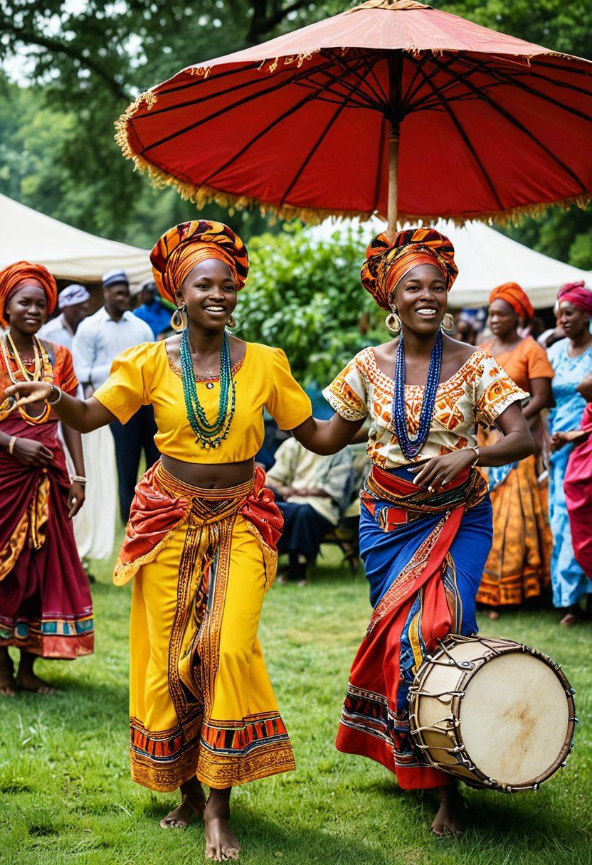 A lively gathering featuring people of diverse African backgrounds, dressed in colorful traditional attire, engaging in dance and music under a vibrant canopy of colorful fabrics. Include elements showcasing various cultures, such as intricate patterns, traditional artifacts, and communal interactions reflecting unity and joy. The scene should be set in a lush outdoor environment to enhance the sense of community and celebration. super-realistic. vibrant colors. natural setting.